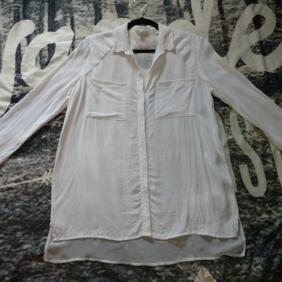 Silence+Noise Sheer Back White Button Down Blouse Med - Picture 2 of 8